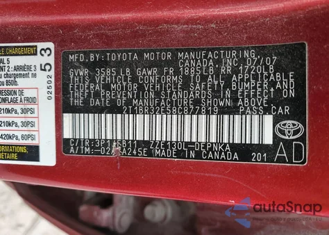 2008 Toyota Corolla Ce z USA, uszkodzony, nr VIN 2T1BR32E58C877819